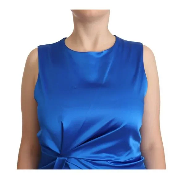 P.A.R.O.S.H. Blue Acetate Sleeveless Pleated Midi Sheath Dress